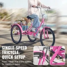 VEVOR Folding Adult Tricycle, 26-Inch Adult Folding Trikes, Carbon Steel 3 Wheel Cruiser Bike with Large Basket & Adjustable Seat, Shopping Picnic Foldable Tricycles for Women, Men, Seniors (Pink)