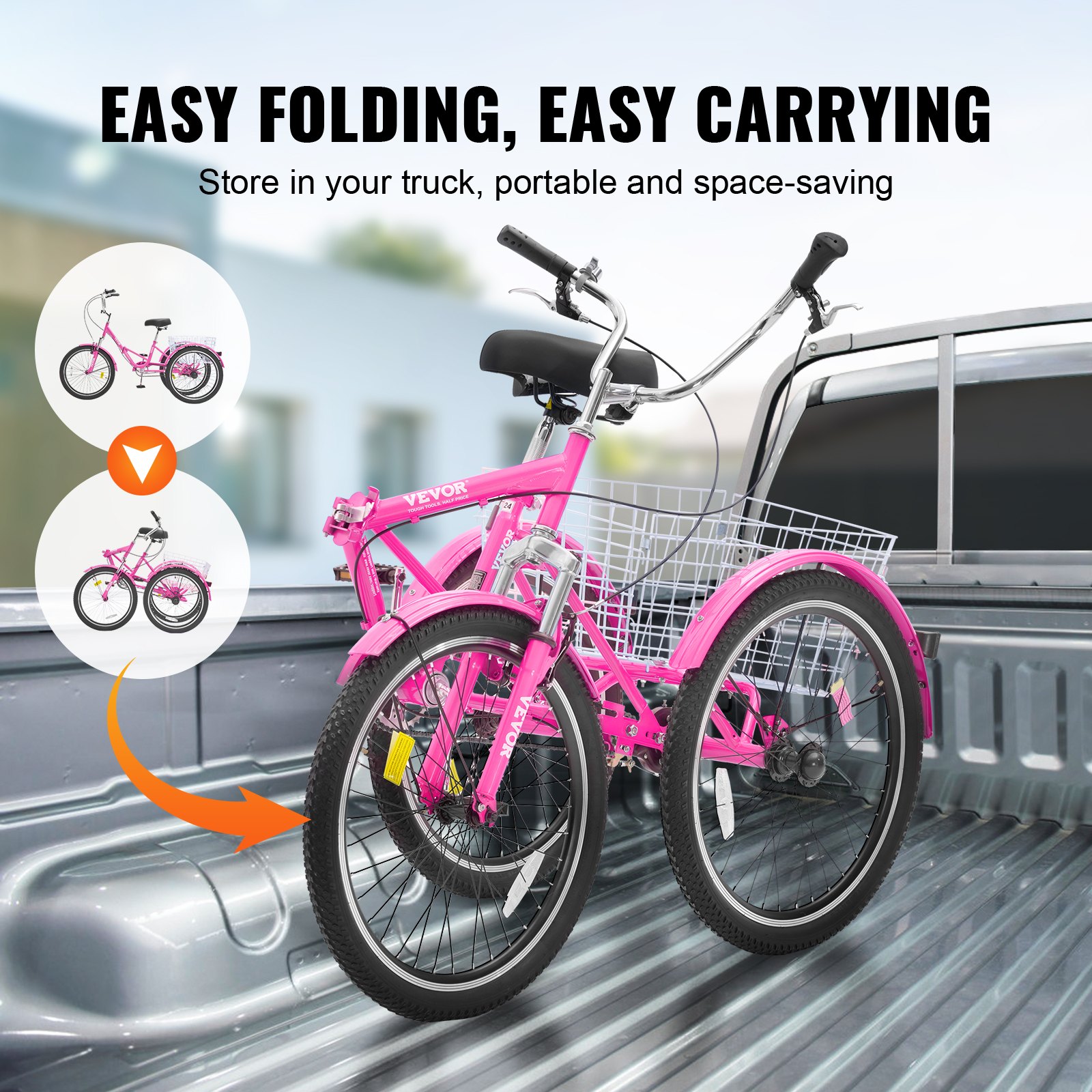 VEVOR Folding Adult Tricycle, 26-Inch Adult Folding Trikes, Carbon Steel 3 Wheel Cruiser Bike with Large Basket & Adjustable Seat, Shopping Picnic Foldable Tricycles for Women, Men, Seniors (Pink)