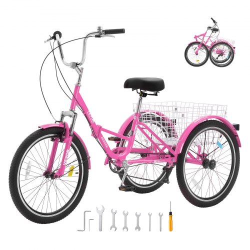 VEVOR Folding Adult Tricycle, 26-Inch 7-Speed Adult Folding Trikes, Carbon Steel 3 Wheel Cruiser Bike with Basket & Adjustable Seat, Shopping Picnic Foldable Tricycles for Women, Men, Seniors (Pink)