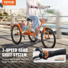 VEVOR Folding Adult Tricycle, 24-Inch 7-Speed Adult Folding Trikes, Carbon Steel 3 Wheel Cruiser Bike with Basket & Adjustable Seat, Shopping Picnic Foldable Tricycles for Women, Men, Seniors (Orange)