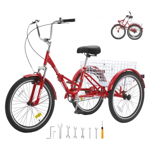VEVOR Folding Adult Tricycle, 24-Inch Adult Folding Trikes, Carbon Steel 3 Wheel Cruiser Bike with Large Basket & Adjustable Seat, Shopping Picnic Foldable Tricycles for Women, Men, Seniors (Red)