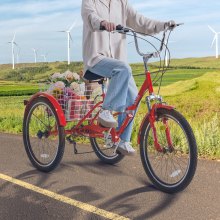 VEVOR Triciclo plegable para adultos, triciclos plegables para adultos de 24 pulgadas, bicicleta de crucero de 3 ruedas de acero al carbono con cesta grande y asiento ajustable, triciclos plegables para compras de picnic para mujeres, hombres, personas mayores (rojo)