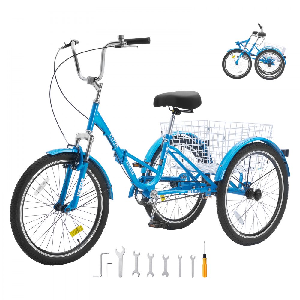 VEVOR Triciclo plegable para adultos, triciclos plegables para adultos de 26 pulgadas, bicicleta de crucero de 3 ruedas de acero al carbono con cesta grande y asiento ajustable, triciclos plegables para picnic de compras para mujeres, hombres, personas mayores (azul)