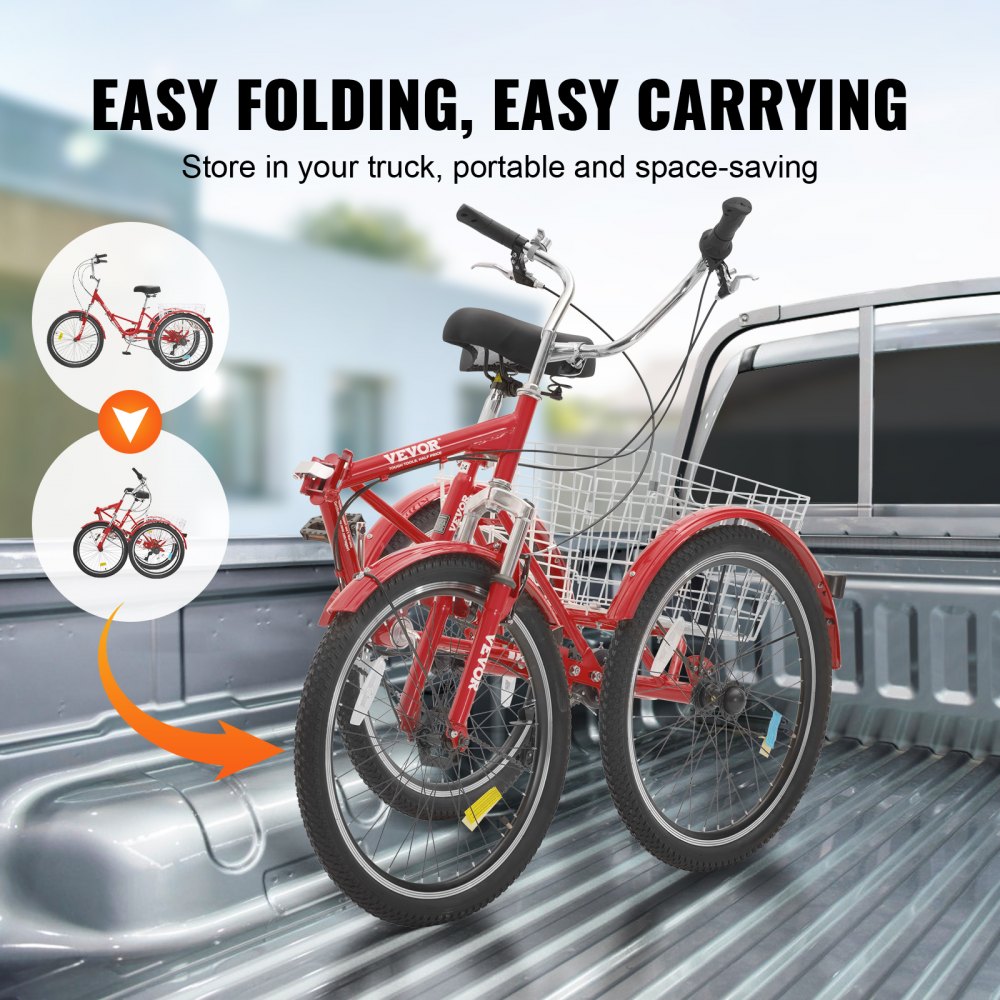VEVOR Folding Adult Tricycle, 26-Inch 7-Speed Adult Folding Trikes, Carbon Steel 3 Wheel Cruiser Bike with Basket & Adjustable Seat, Shopping Picnic Foldable Tricycles for Women, Men, Seniors (Red)
