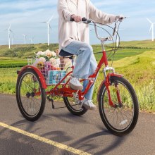 VEVOR Triciclo plegable para adultos, triciclos plegables para adultos de 26 pulgadas y 7 velocidades, bicicleta de crucero de 3 ruedas de acero al carbono con cesta y asiento ajustable, triciclos plegables para picnic de compras para mujeres, hombres, personas mayores (rojo)