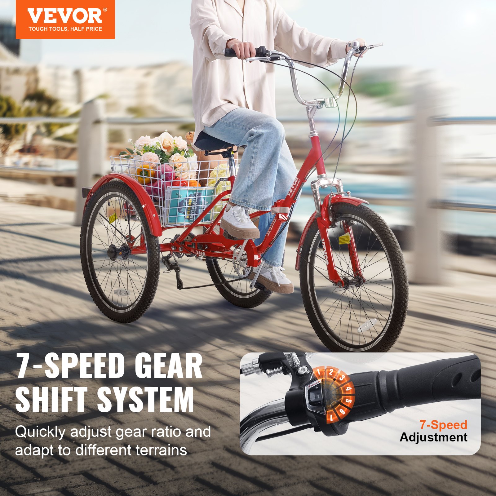 VEVOR Folding Adult Tricycle, 26-Inch 7-Speed Adult Folding Trikes, Carbon Steel 3 Wheel Cruiser Bike with Basket & Adjustable Seat, Shopping Picnic Foldable Tricycles for Women, Men, Seniors (Red)