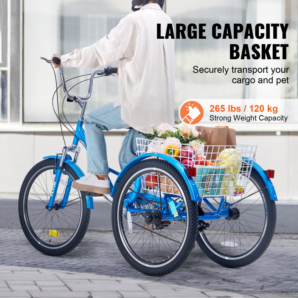 VEVOR Folding Adult Tricycle, 24-Inch 7-Speed Adult Folding Trikes, Carbon Steel 3 Wheel Cruiser Bike with Basket & Adjustable Seat, Shopping Picnic Foldable Tricycles for Women, Men, Seniors (Blue)