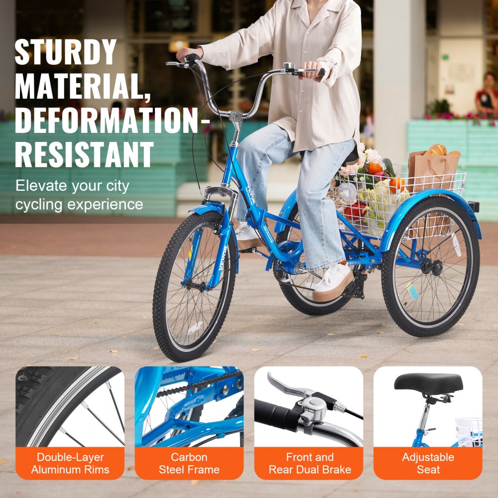 VEVOR Folding Adult Tricycle, 24-Inch 7-Speed Adult Folding Trikes, Carbon Steel 3 Wheel Cruiser Bike with Basket & Adjustable Seat, Shopping Picnic Foldable Tricycles for Women, Men, Seniors (Blue)