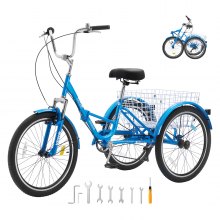 VEVOR Folding Adult Tricycle, 24-Inch 7-Speed Adult Folding Trikes, Carbon Steel 3 Wheel Cruiser Bike with Basket & Adjustable Seat, Shopping Picnic Foldable Tricycles for Women, Men, Seniors (Blue)