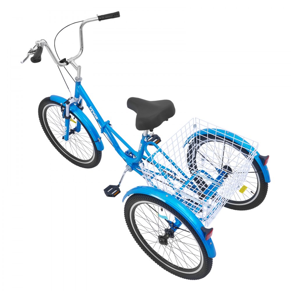 VEVOR Folding Adult Tricycle, 24-Inch Adult Folding Trikes, Carbon Steel 3 Wheel Cruiser Bike with Large Basket & Adjustable Seat, Shopping Picnic Foldable Tricycles for Women, Men, Seniors (Blue)