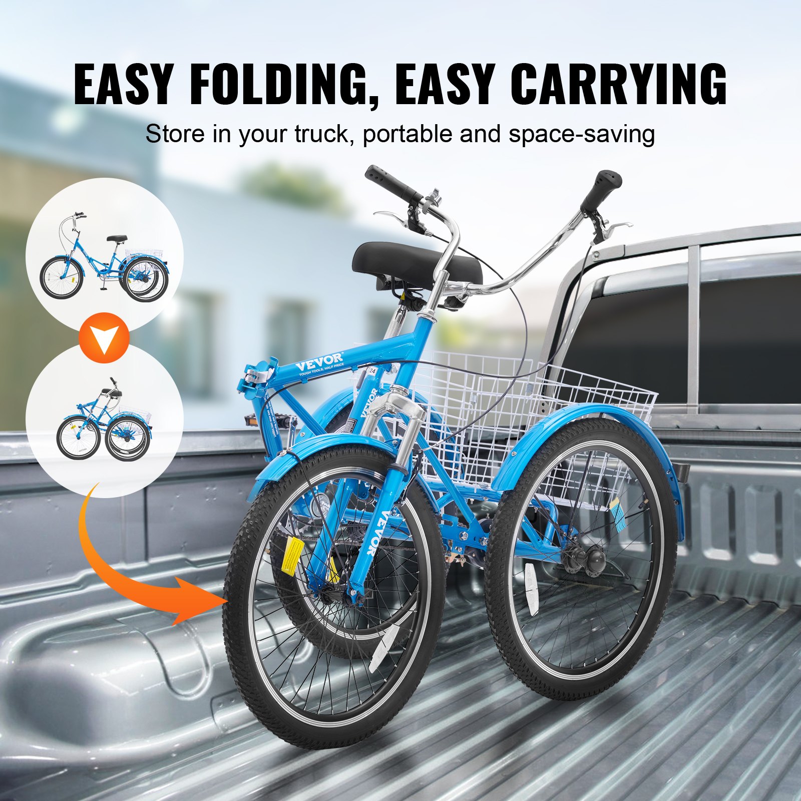 VEVOR Folding Adult Tricycle, 24-Inch Adult Folding Trikes, Carbon Steel 3 Wheel Cruiser Bike with Large Basket & Adjustable Seat, Shopping Picnic Foldable Tricycles for Women, Men, Seniors (Blue)