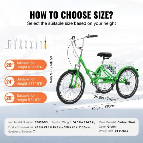 Triciclo Para Adultos 24 Pulgadas Plegable - 6 Velocidades, Con Cesta, Luces LED, Ideal Para Mayores Y Paseos