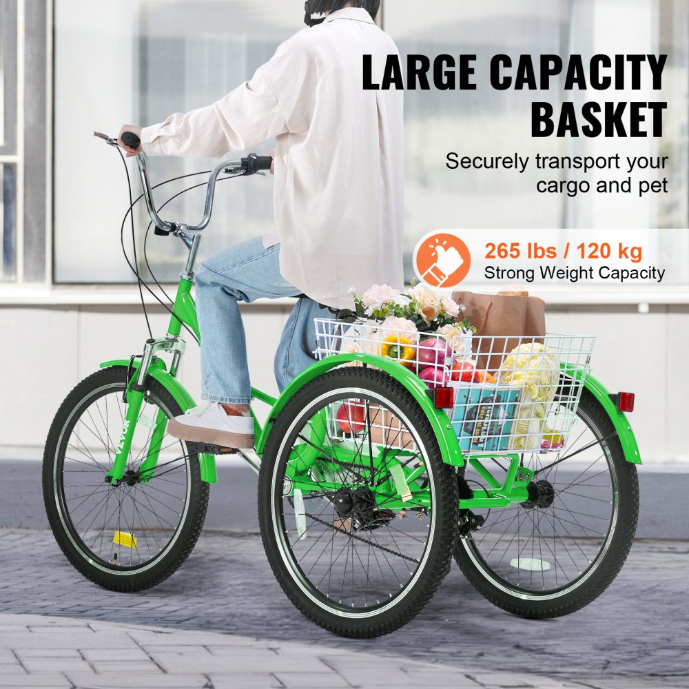 VEVOR Folding Adult Tricycle, 24-Inch 7-Speed Adult Folding Trikes, Carbon Steel 3 Wheel Cruiser Bike with Basket & Adjustable Seat, Shopping Picnic Foldable Tricycles for Women, Men, Seniors (Green)