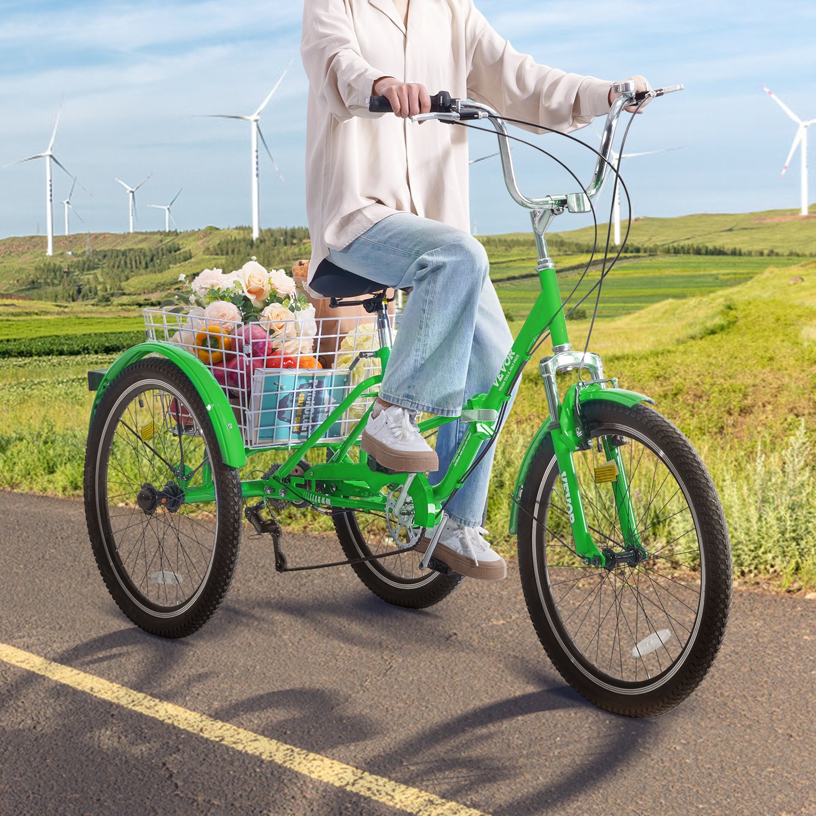 VEVOR Folding Adult Tricycle, 24-Inch 7-Speed Adult Folding Trikes, Carbon Steel 3 Wheel Cruiser Bike with Basket & Adjustable Seat, Shopping Picnic Foldable Tricycles for Women, Men, Seniors (Green)