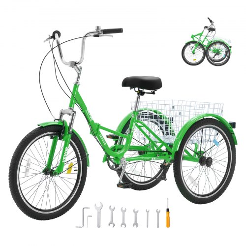 VEVOR Folding Adult Tricycle, 26-Inch 7-Speed Adult Folding Trikes, Carbon Steel 3 Wheel Cruiser Bike with Basket & Adjustable Seat, Shopping Picnic Foldable Tricycles for Women, Men, Seniors (Green)