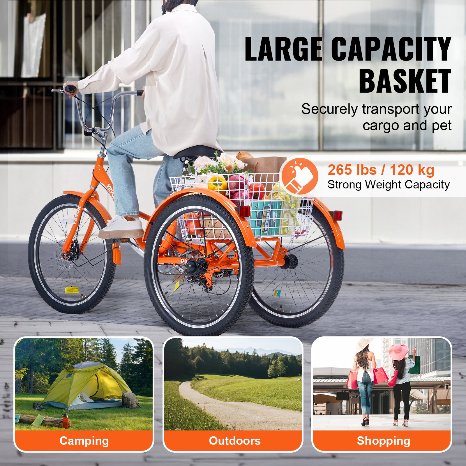 VEVOR Folding Adult Tricycle, 26-Inch Adult Folding Trikes, Lightweight Aluminum Alloy 3 Wheel Cruiser Bike with Large Rear Basket, Shopping Picnic Foldable Tricycles for Adults, Women, Men, Seniors