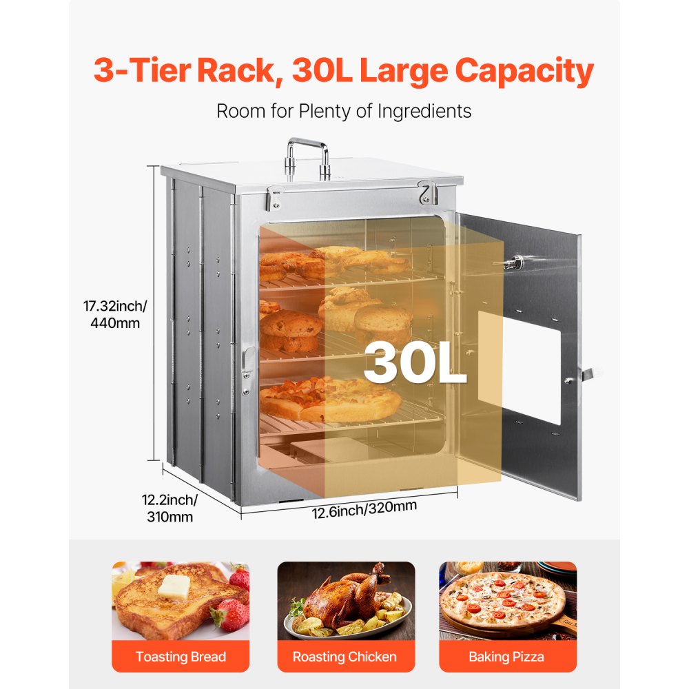 VEVOR Foldable Camping Oven, Stainless Steel Portable Camping Stove, with 3 Tier Grill, Handle and Thermometer, Use with Wood Burning Fire, Propane Stoves, for Baking Bread, Pizza, Outdoor Cooking