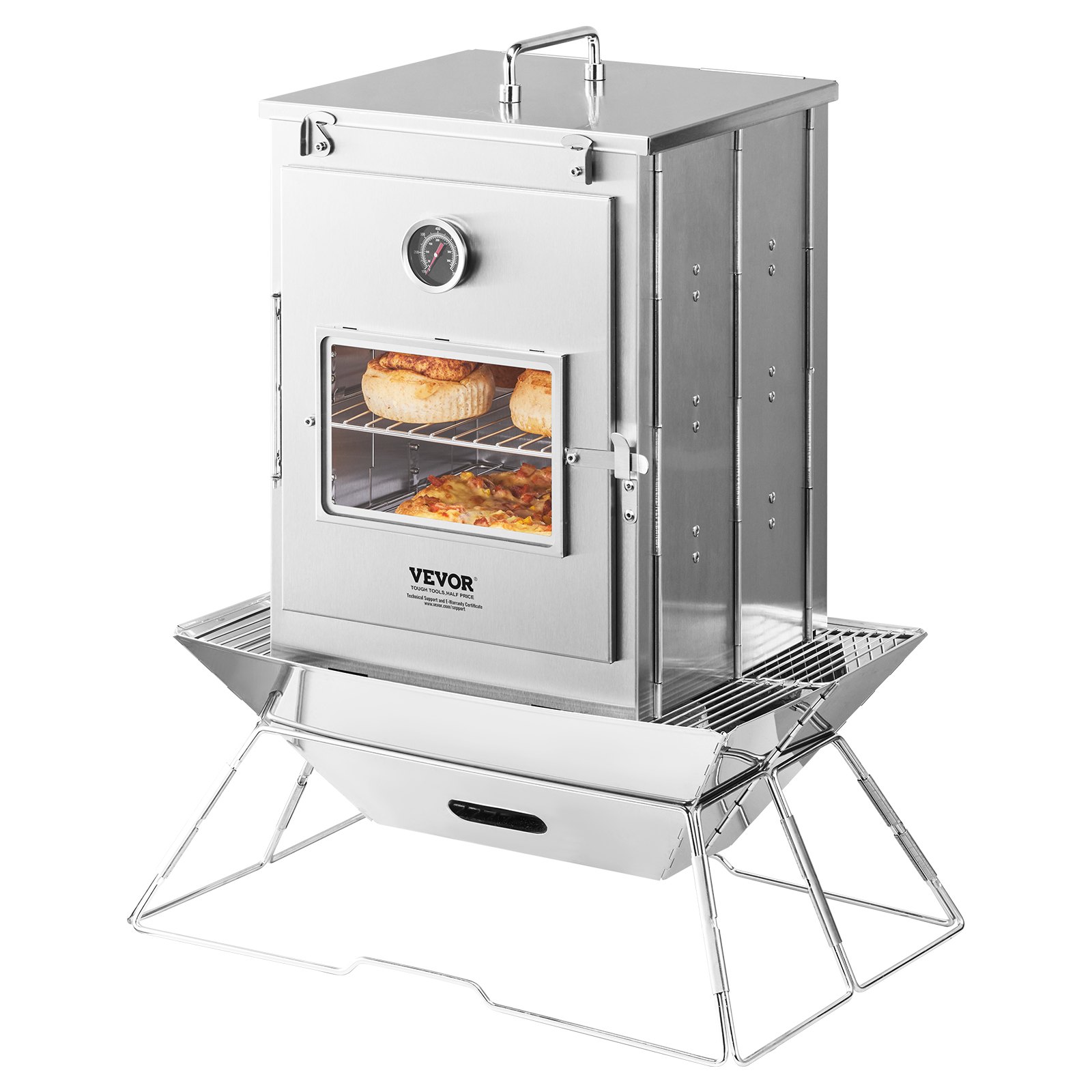 VEVOR Foldable Camping Oven, Stainless Steel Portable Camping Stove, with 3 Tier Grill, Handle and Thermometer, Use with Wood Burning Fire, Propane Stoves, for Baking Bread, Pizza, Outdoor Cooking