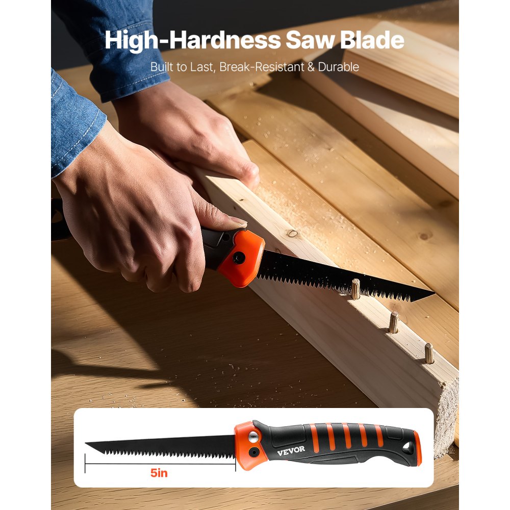 VEVOR Folding Jab Saw, 5 in Foldable Jab Saw with Soft Grip Handle, Folding Drywall Saw with Triple Ground Teeth and Sharp Tip, for Drywall, Wood, PVC Pipes, Cement Board, Thin Sheets, Wall Panels