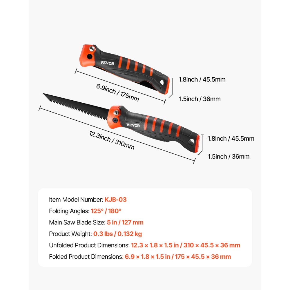 VEVOR Folding Jab Saw, 5 in Foldable Jab Saw with Soft Grip Handle, Folding Drywall Saw with Triple Ground Teeth and Sharp Tip, for Drywall, Wood, PVC Pipes, Cement Board, Thin Sheets, Wall Panels
