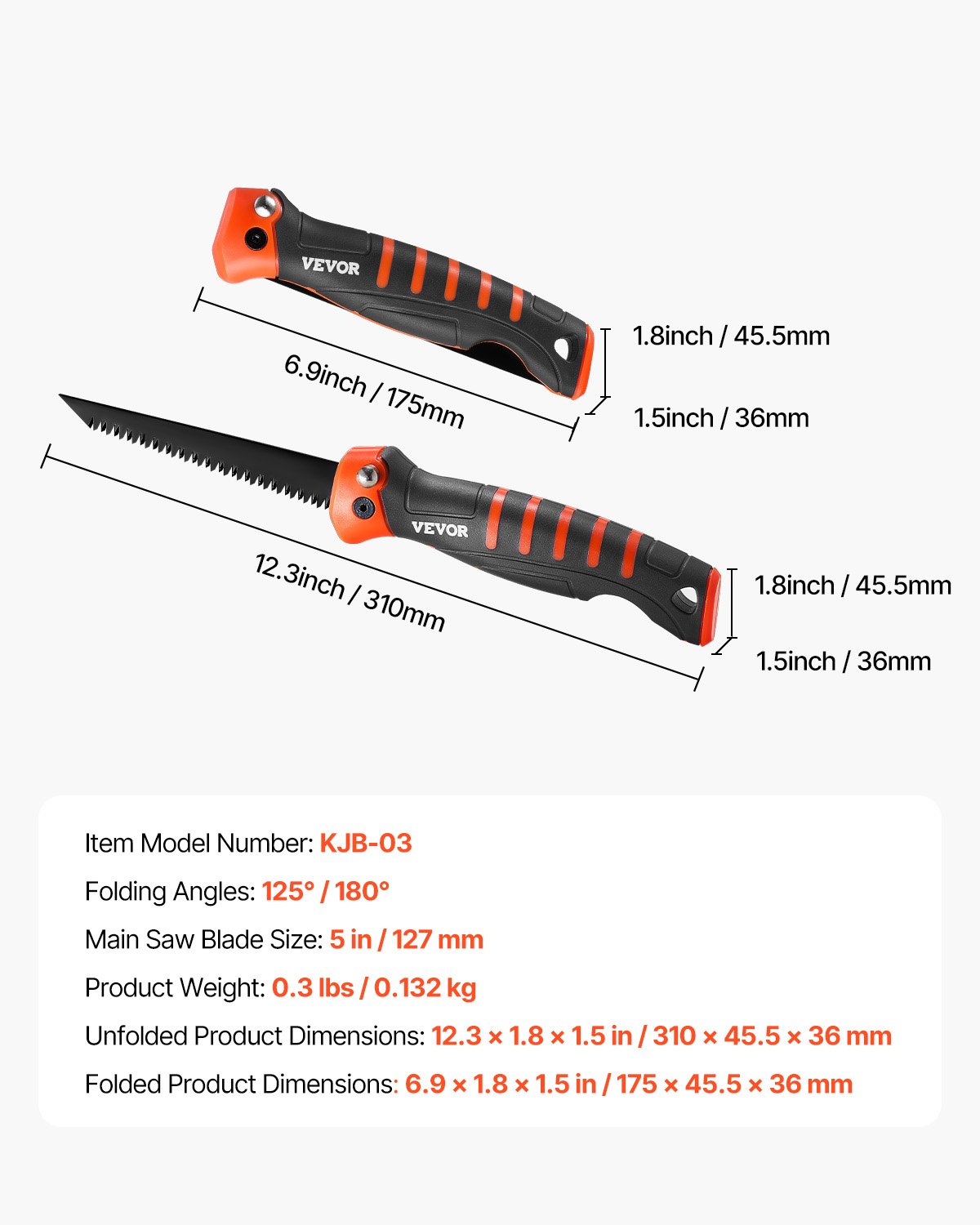 VEVOR Folding Jab Saw, 5 in Foldable Jab Saw with Soft Grip Handle, Folding Drywall Saw with Triple Ground Teeth and Sharp Tip, for Drywall, Wood, PVC Pipes, Cement Board, Thin Sheets, Wall Panels
