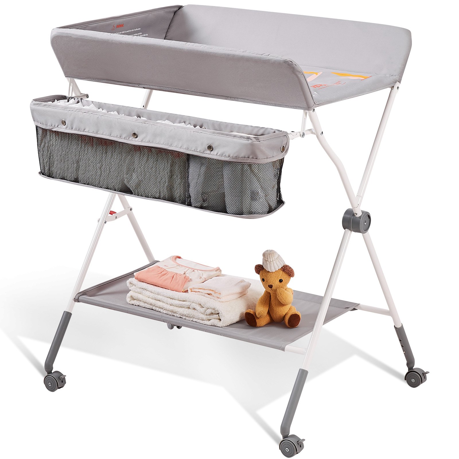 Sweiko Baby Changing Table, Folding Diaper Changing Station with Lockable Wheels, Portable Changing Table 3-level Adjustable Heights, with Storage Basket & Hanging Racks for Newborns & Infant Sweiko Baby Changing Table, Folding Diaper Changing Station with Lockable Wheels, Portable Changing Table 3-level Adjustable Heights, with Storage Basket & Hanging Racks for Newborns & Infant