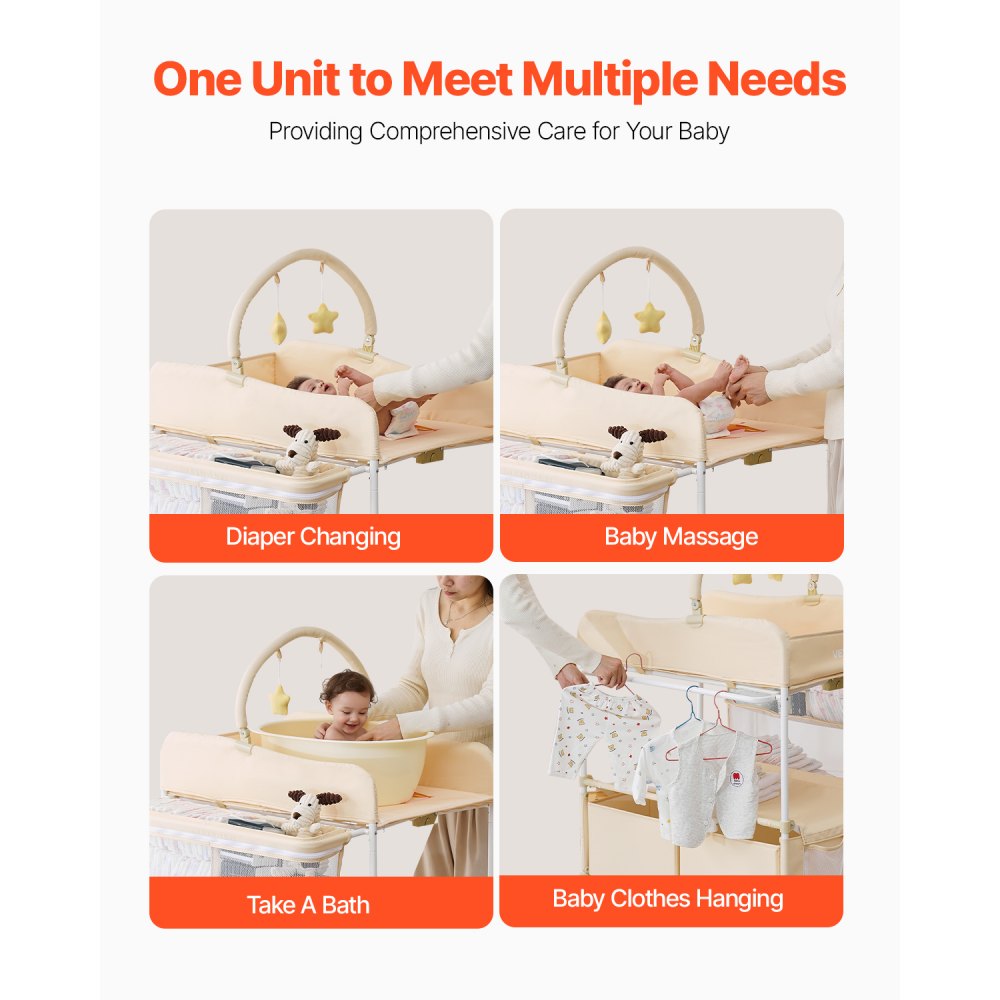 VEVOR Baby Changing Table, Foldable Diaper Change Station with 2 Fabric Drawers, Side Basket & Hanging Rod, Adjustable Height Portable Changing Table with Lockable Wheels & 2 Star Toys, Light Beige