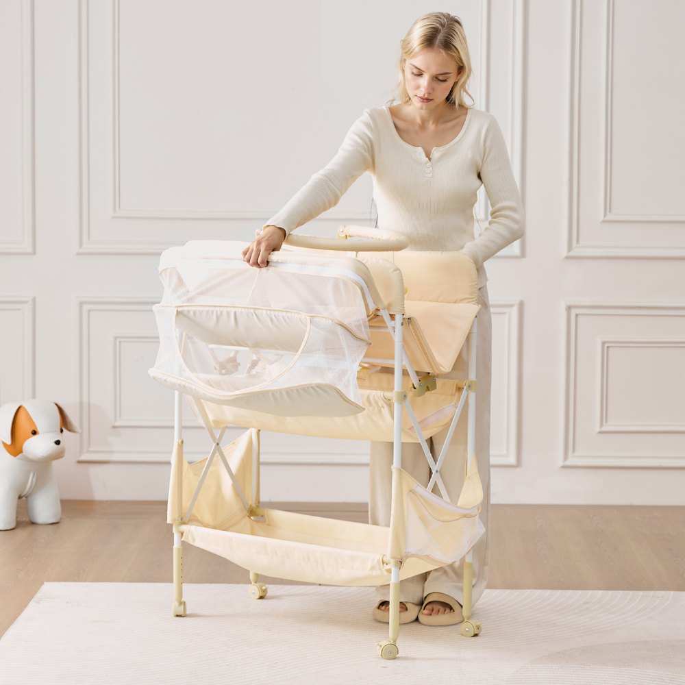 VEVOR Baby Changing Table, Foldable Diaper Change Station with 2 Fabric Drawers, Side Basket & Hanging Rod, Adjustable Height Portable Changing Table with Lockable Wheels & 2 Star Toys, Light Beige