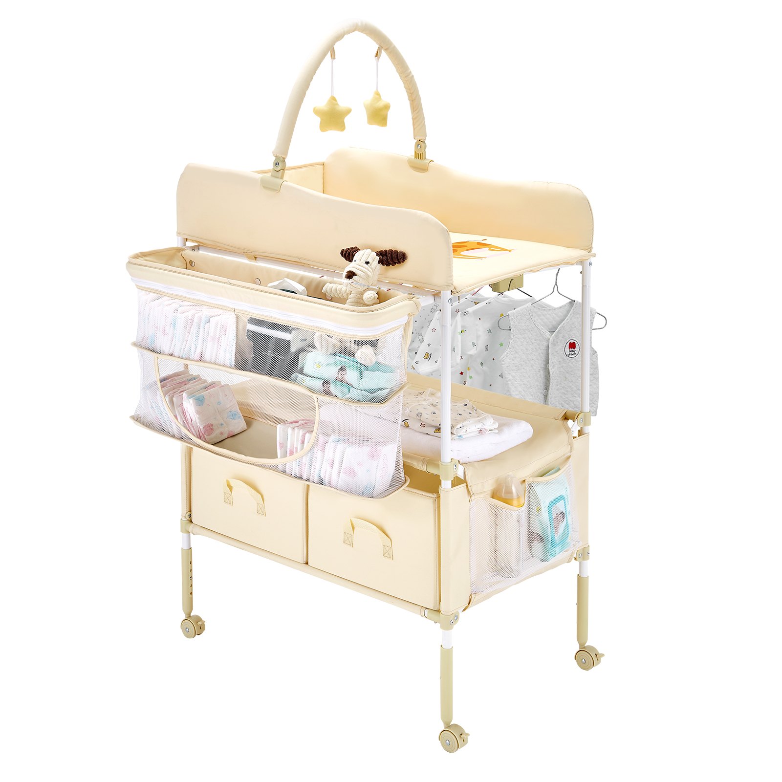 VEVOR Baby Changing Table, Foldable Diaper Change Station with 2 Fabric Drawers, Side Basket & Hanging Rod, Adjustable Height Portable Changing Table with Lockable Wheels & 2 Star Toys, Light Beige