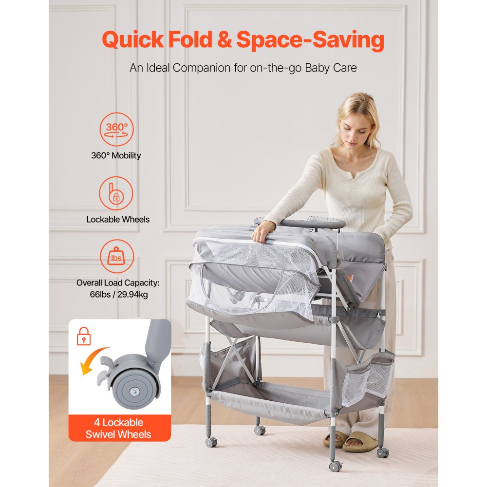 VEVOR Baby Changing Table, Foldable Diaper Change Station with 2 Fabric Drawers, Side Basket & Hanging Rod, Adjustable Height Portable Changing Table with Lockable Wheels & 2 Star Toys, Light Gray