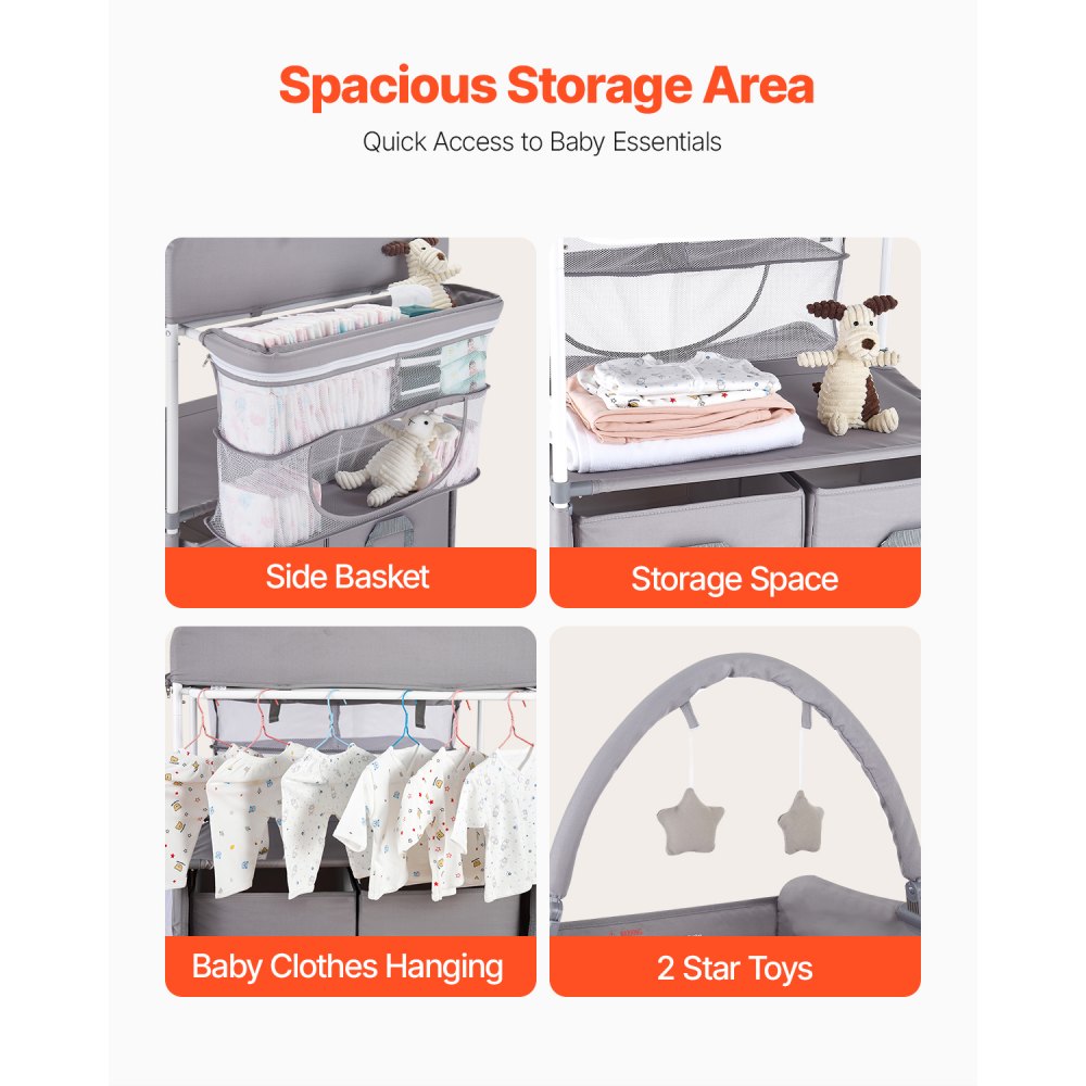 VEVOR Baby Changing Table, Foldable Diaper Change Station with 2 Fabric Drawers, Side Basket & Hanging Rod, Adjustable Height Portable Changing Table with Lockable Wheels & 2 Star Toys, Light Gray