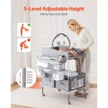 VEVOR Baby Changing Table, Foldable Diaper Change Station with 2 Fabric Drawers, Side Basket & Hanging Rod, Adjustable Height Portable Changing Table with Lockable Wheels & 2 Star Toys, Light Gray