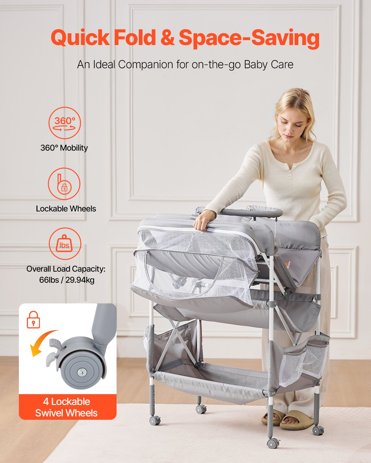VEVOR Baby Changing Table, Foldable Diaper Change Station with 2 Fabric Drawers, Side Basket & Hanging Rod, Adjustable Height Portable Changing Table with Lockable Wheels & 2 Star Toys, Light Gray