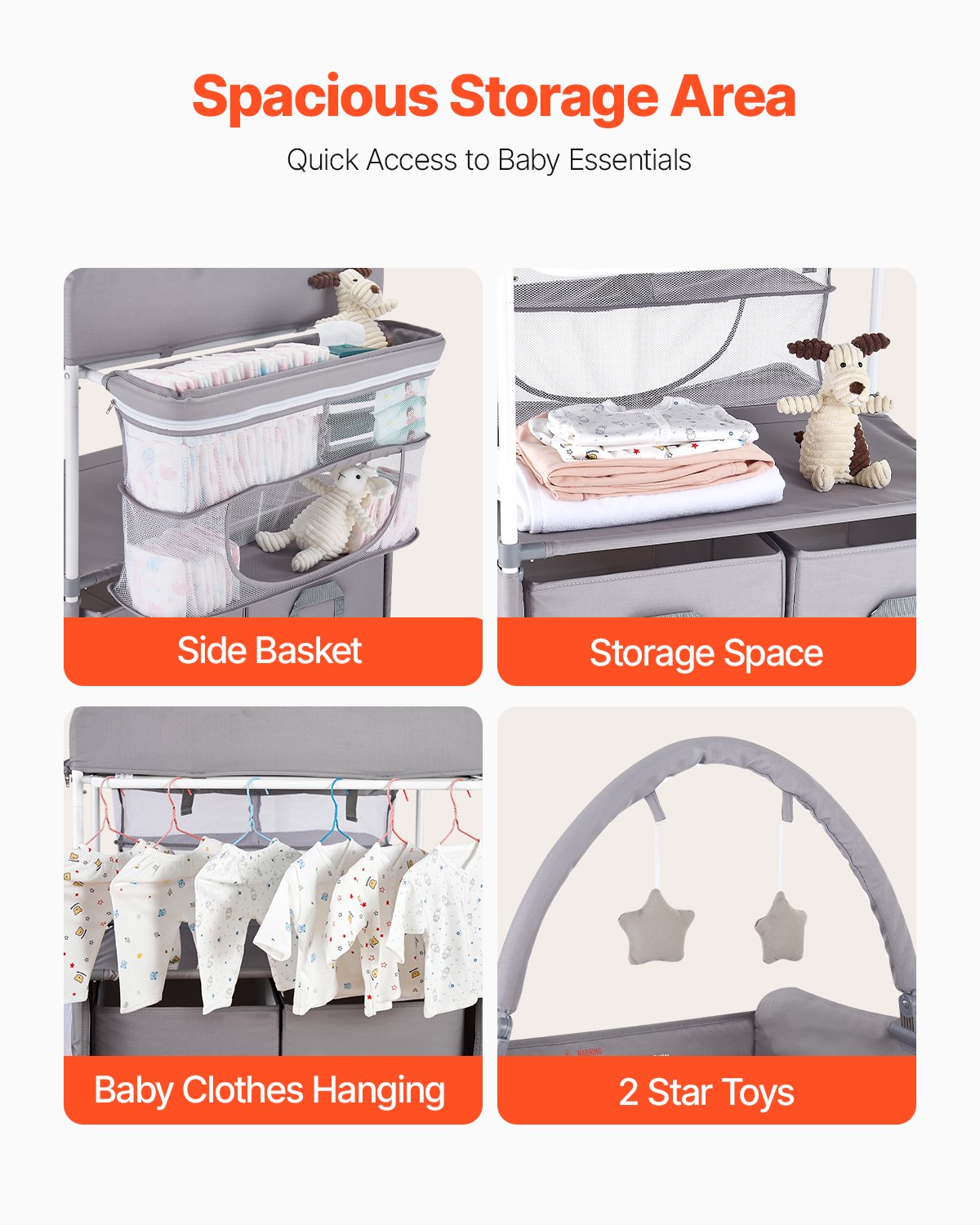 VEVOR Baby Changing Table, Foldable Diaper Change Station with 2 Fabric Drawers, Side Basket & Hanging Rod, Adjustable Height Portable Changing Table with Lockable Wheels & 2 Star Toys, Light Gray