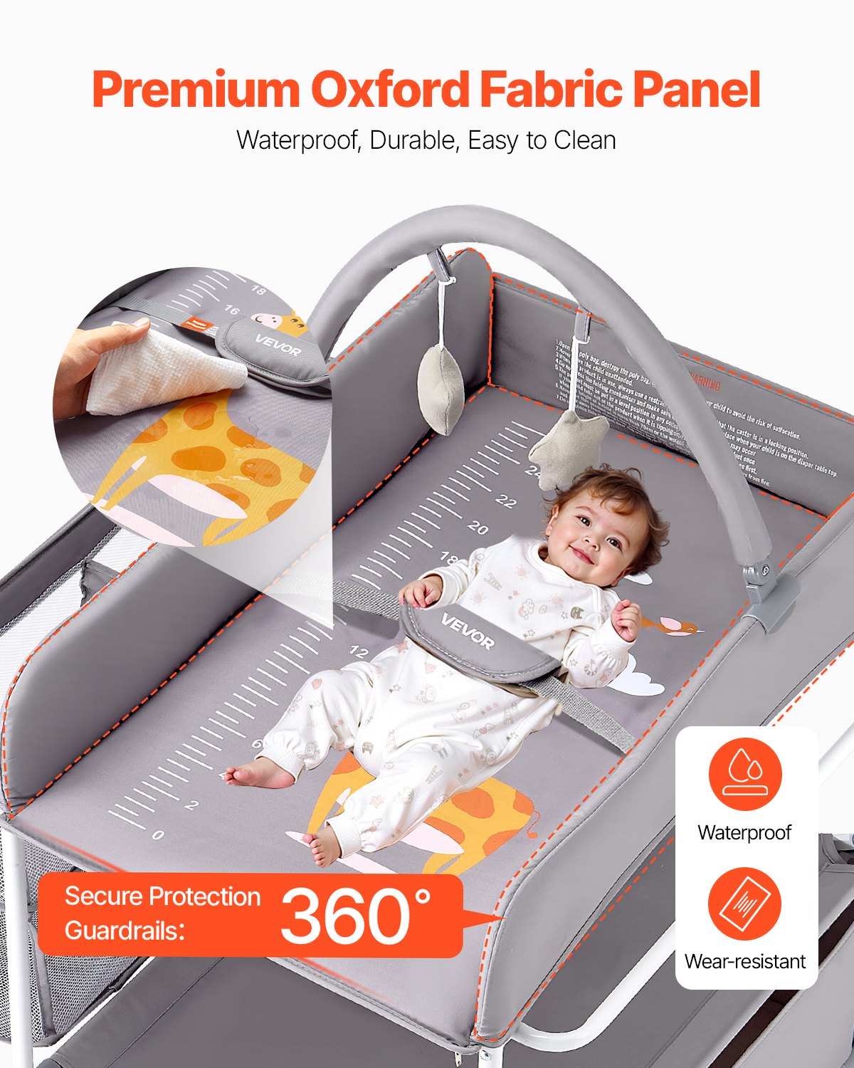 VEVOR Baby Changing Table, Foldable Diaper Change Station with 2 Fabric Drawers, Side Basket & Hanging Rod, Adjustable Height Portable Changing Table with Lockable Wheels & 2 Star Toys, Light Gray