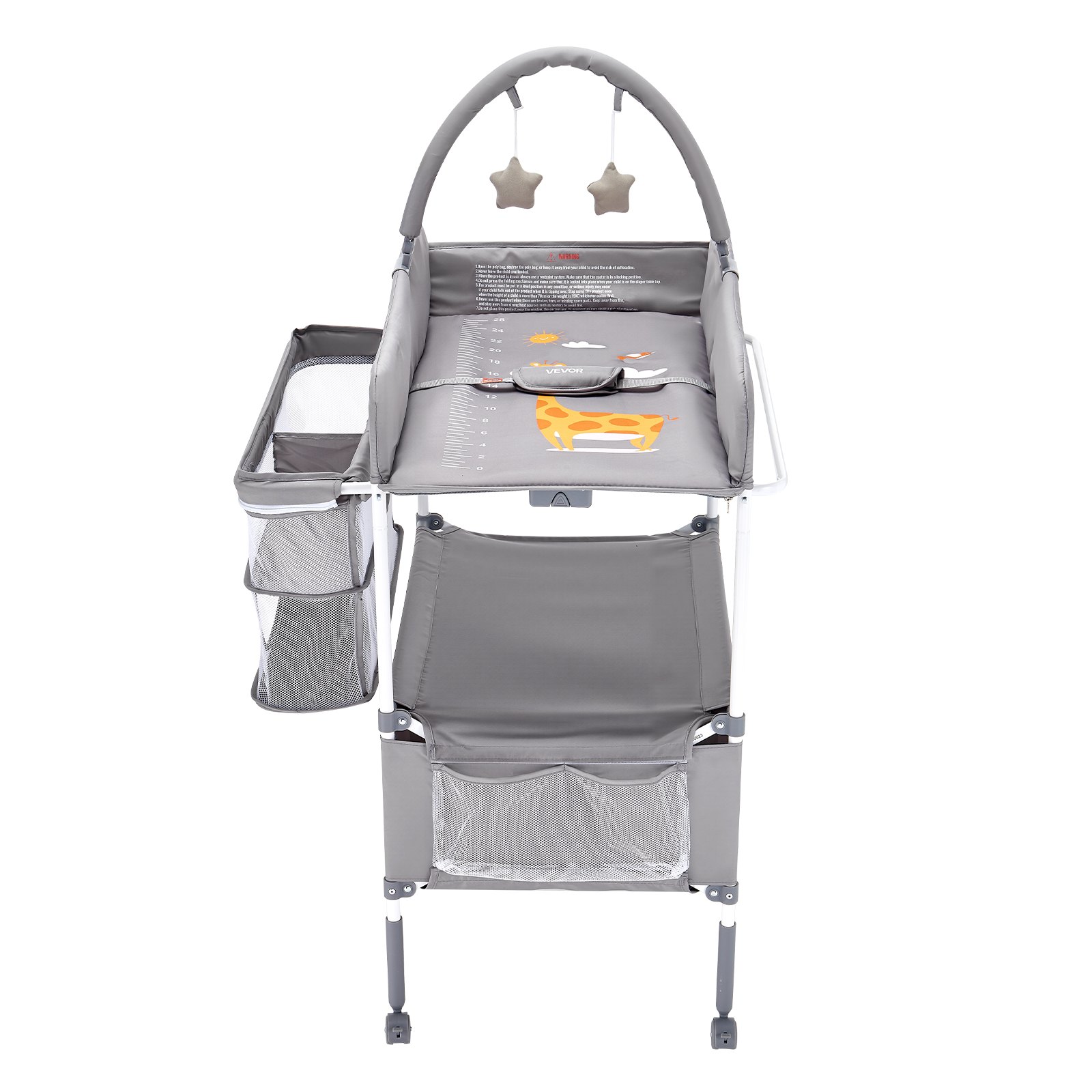 VEVOR Baby Changing Table, Foldable Diaper Change Station with 2 Fabric Drawers, Side Basket & Hanging Rod, Adjustable Height Portable Changing Table with Lockable Wheels & 2 Star Toys, Light Gray