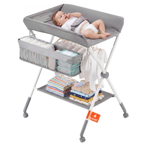 VEVOR Baby Changing Table, Foldable Diaper Change Station with Side Basket, Adjustable Height Portable Changing Table with Lockable Wheels, Multi-Functional Storage Organizer Nursery, Light Gray