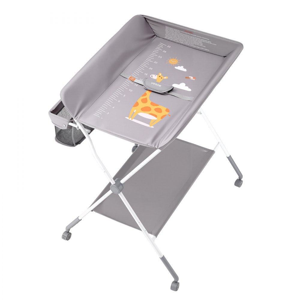 Cambiador de bebé VEVOR, plegable con cesta lateral, altura ajustable, portátil, con ruedas bloqueables, organizador multifuncional para habitación infantil, gris claro