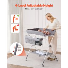 Foldable Baby Changing Diaper Station with Side Basket & Wheels Light Gray