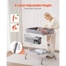 Foldable Baby Changing Diaper Station with Side Basket & Wheels Light Gray