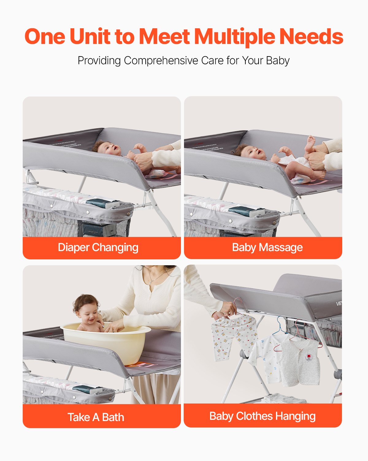 VEVOR Baby Changing Table, Foldable Diaper Change Station with Side Basket, Adjustable Height Portable Changing Table with Lockable Wheels, Multi-Functional Storage Organizer Nursery, Light Gray