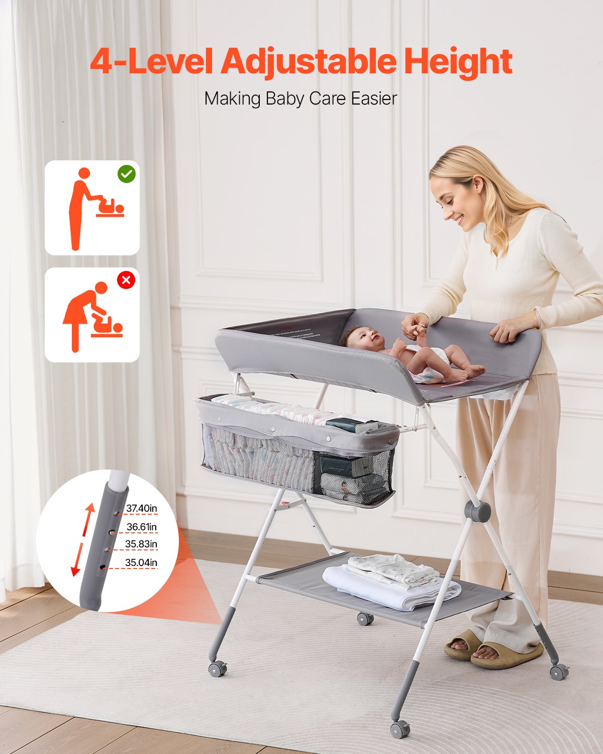 Cambiador de bebé VEVOR, plegable con cesta lateral, altura ajustable, portátil, con ruedas bloqueables, organizador multifuncional para habitación infantil, gris claro