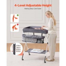 Foldable Baby Changing Diaper Station with Side Basket & Wheels Dark Gray