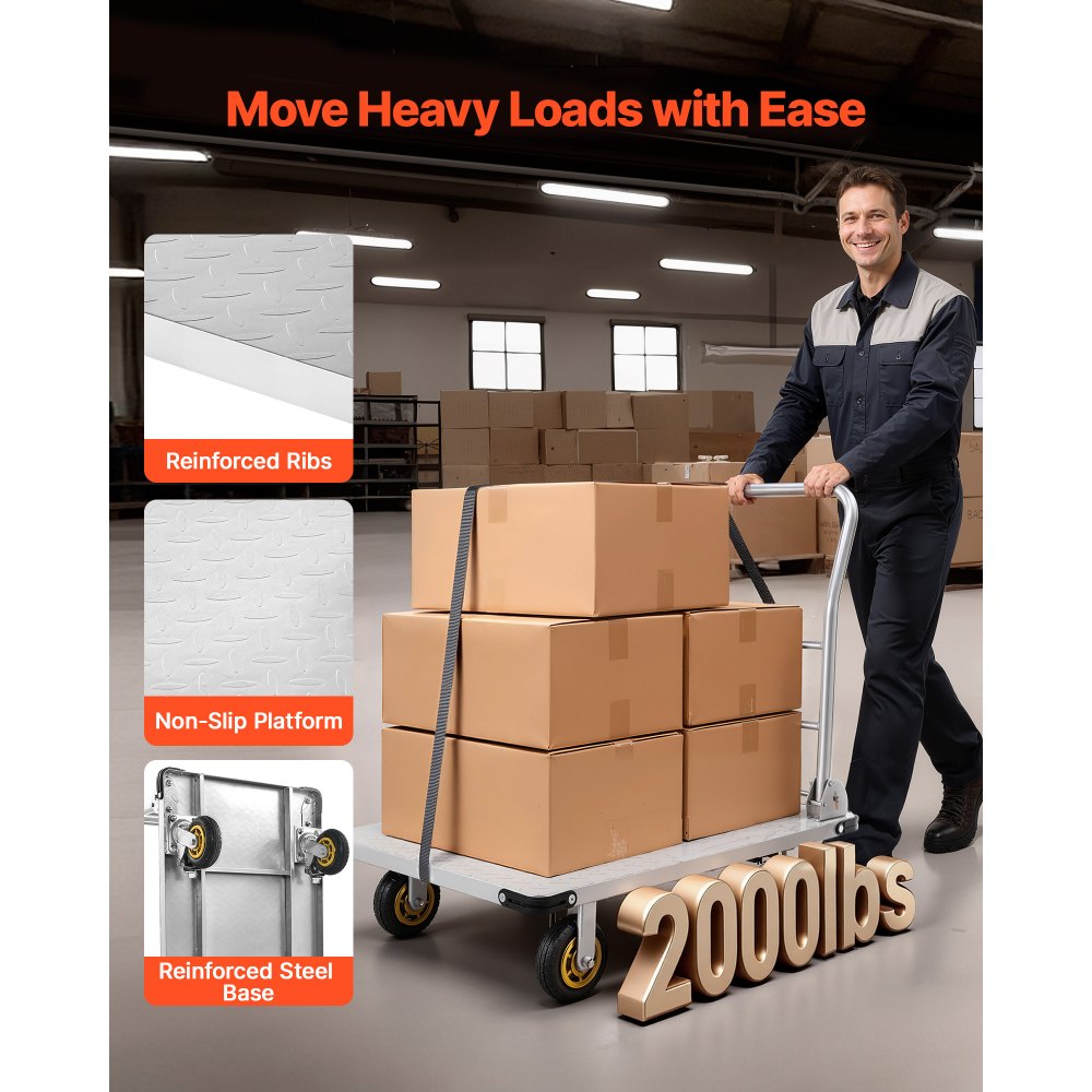VEVOR Platform Truck, 907.18 kg Capacity, Heavy Duty Steel Flatbed Cart with Swivel Wheels and Handle, Foldable Platform Hand Push Truck Dolly, for Groceries, Garage, Warehouse, 900 x 600 x 900 mm