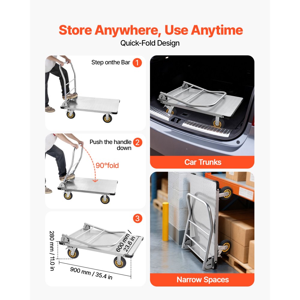 VEVOR Platform Truck, 907.18 kg Capacity, Heavy Duty Steel Flatbed Cart with Swivel Wheels and Handle, Foldable Platform Hand Push Truck Dolly, for Groceries, Garage, Warehouse, 900 x 600 x 900 mm