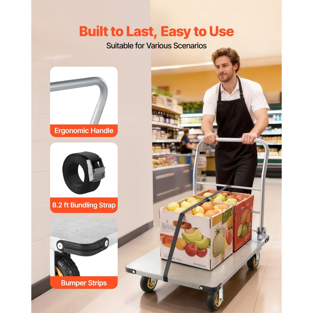 VEVOR Platform Truck, 907.18 kg Capacity, Heavy Duty Steel Flatbed Cart with Swivel Wheels and Handle, Foldable Platform Hand Push Truck Dolly, for Groceries, Garage, Warehouse, 900 x 600 x 900 mm