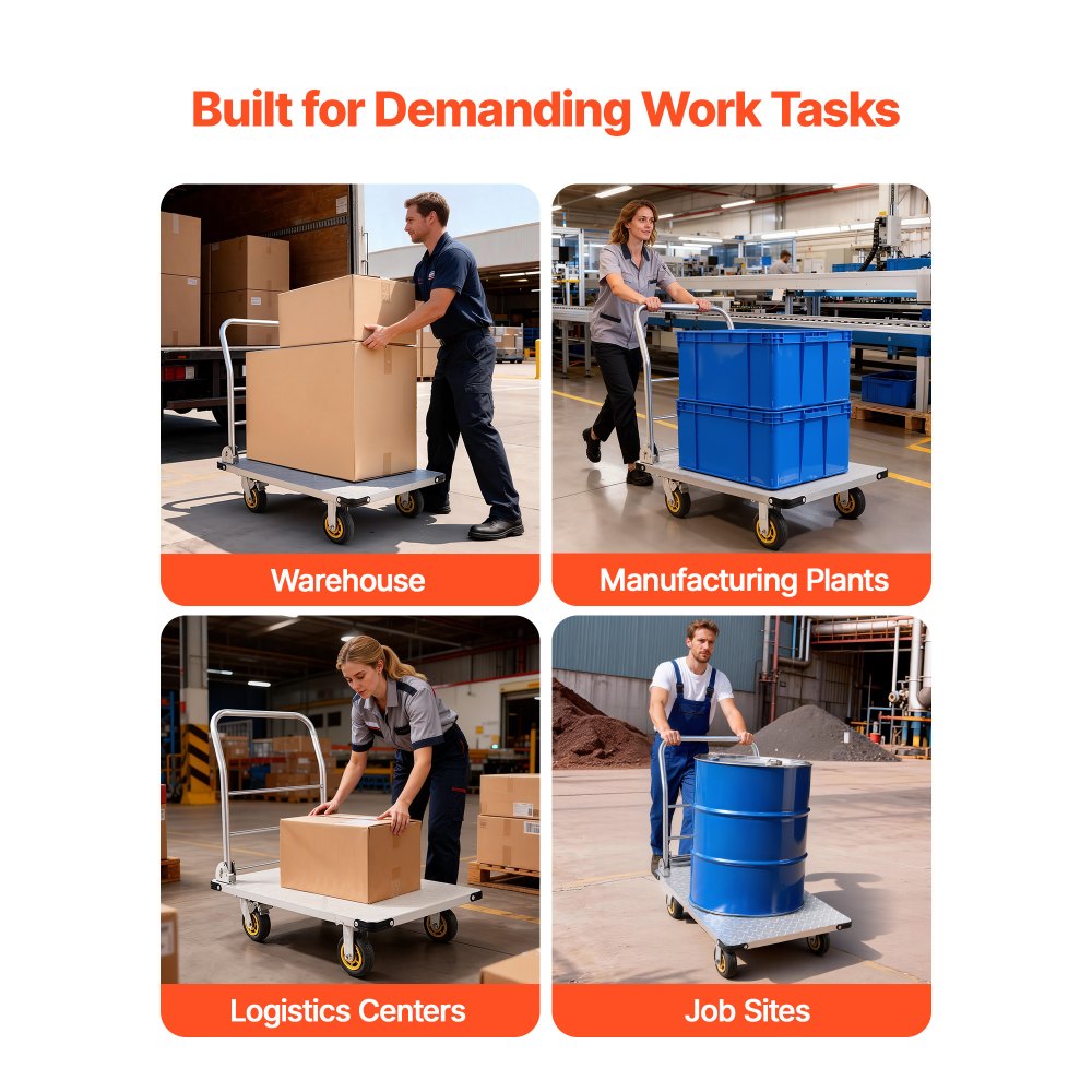 VEVOR Platform Truck, 907.18 kg Capacity, Heavy Duty Steel Flatbed Cart with Swivel Wheels and Handle, Foldable Platform Hand Push Truck Dolly, for Groceries, Garage, Warehouse, 900 x 600 x 900 mm