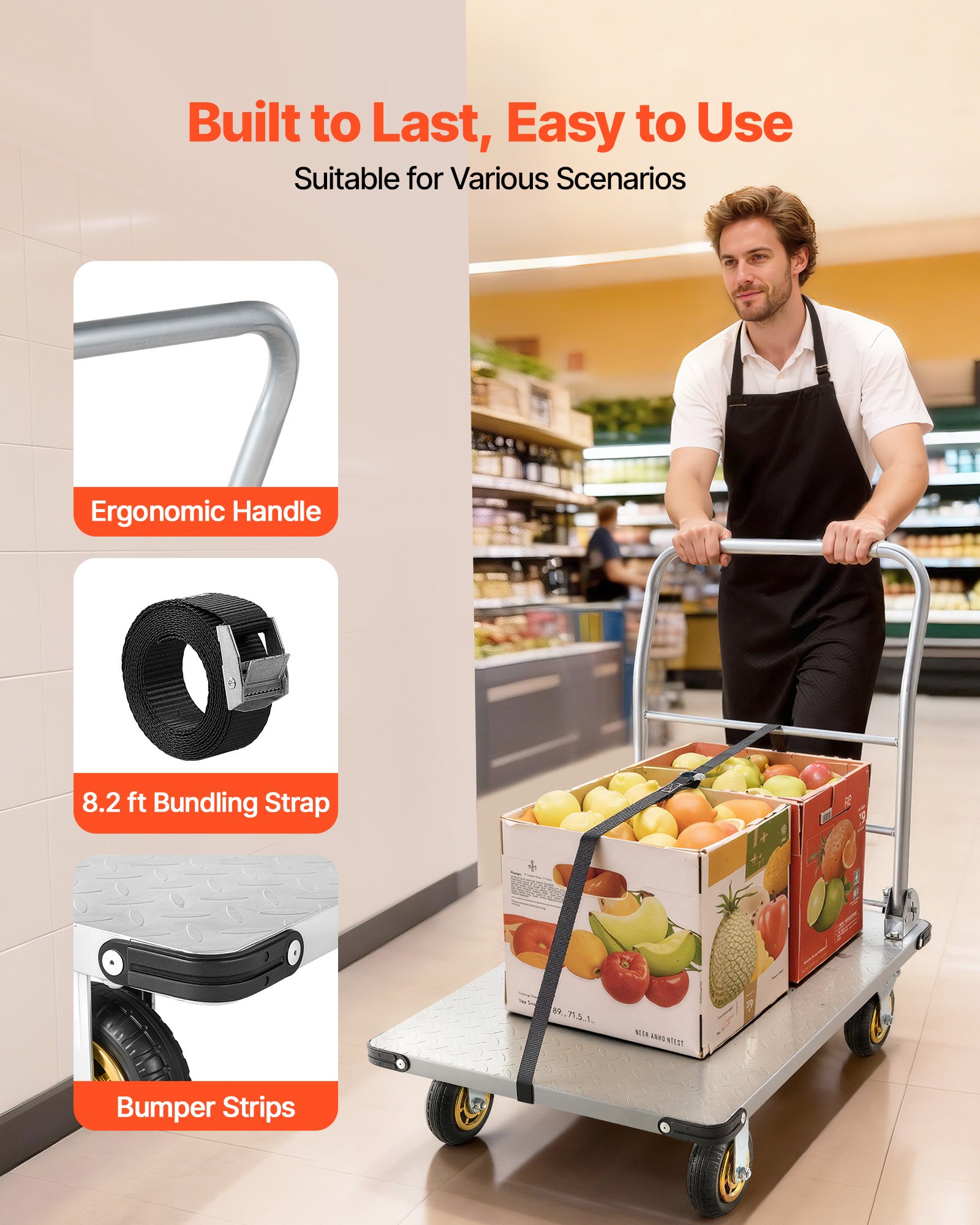 VEVOR Platform Truck, 907.18 kg Capacity, Heavy Duty Steel Flatbed Cart with Swivel Wheels and Handle, Foldable Platform Hand Push Truck Dolly, for Groceries, Garage, Warehouse, 900 x 600 x 900 mm