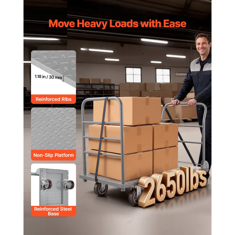 VEVOR Platform Truck, 2650 lbs Capacity, Heavy Duty Flatbed Cart Dolly with Detachable Guardrail and Swivel Wheels, Foldable Hand Push Truck Cart, for Groceries, Garage, Warehouse, 48 x 24 x 36.2 in