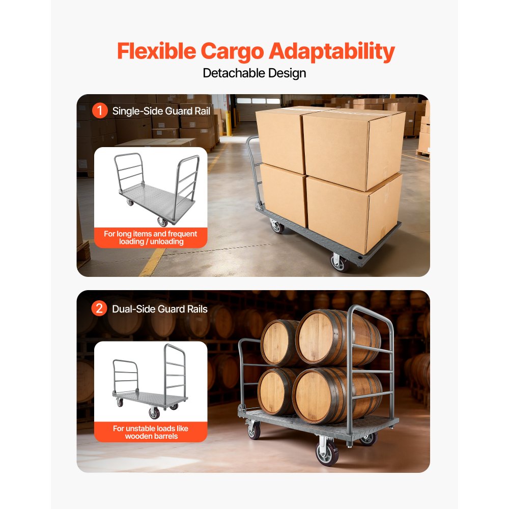 VEVOR Platform Truck, 2650 lbs Capacity, Heavy Duty Flatbed Cart Dolly with Detachable Guardrail and Swivel Wheels, Foldable Hand Push Truck Cart, for Groceries, Garage, Warehouse, 48 x 24 x 36.2 in